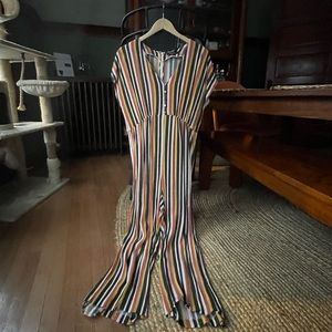 Madewell v-neck button front jumpsuit in rainbow stripe